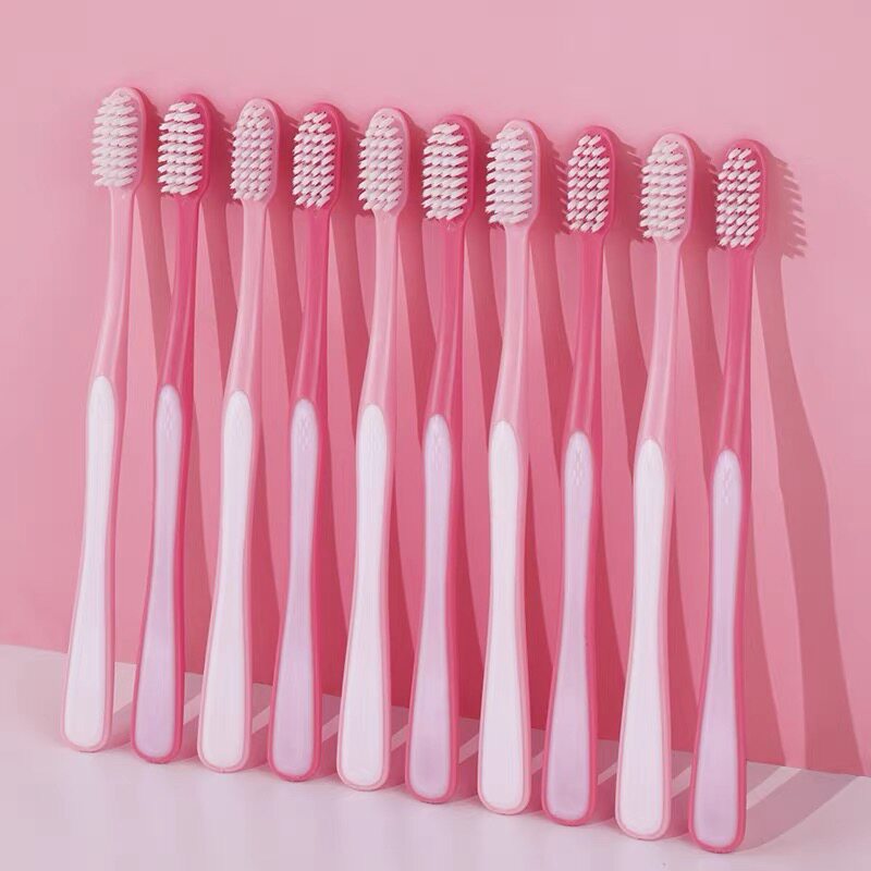 朗利洁蜜桃粉细毛软毛牙刷清洁口腔成人家庭10支装