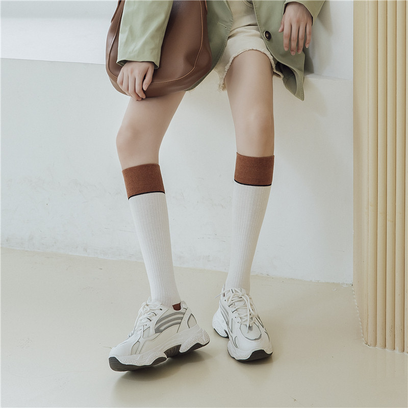 拼色袜子女ins潮高筒袜春秋薄款韩版及膝小腿袜复古港风街头长袜,淘宝优惠券,粉丝福利购,淘宝优惠卷