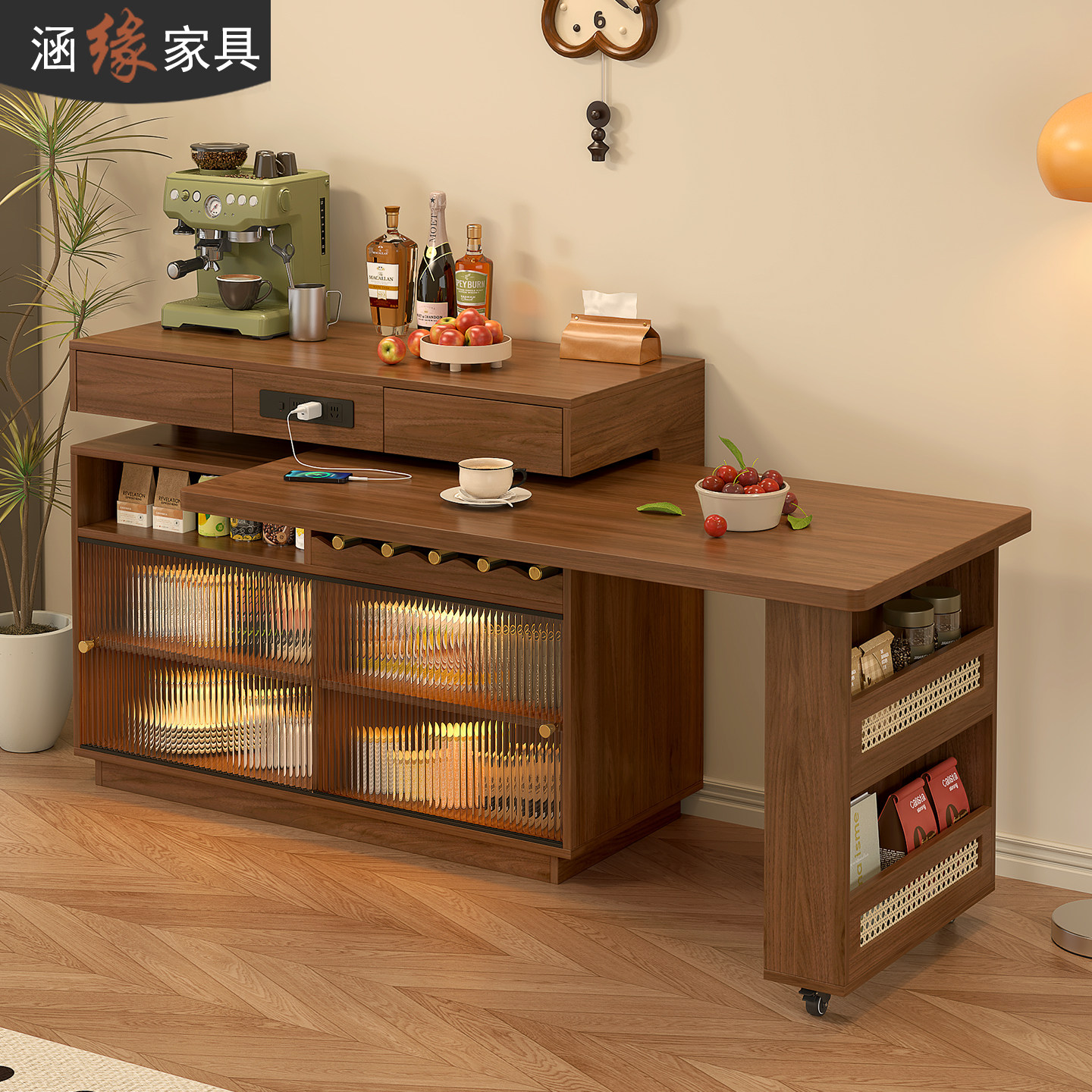 中古风旋转岛台餐桌一体厨房吧台桌可伸缩家用餐边柜餐桌一体E83,淘宝优惠券,粉丝福利购,淘宝优惠卷