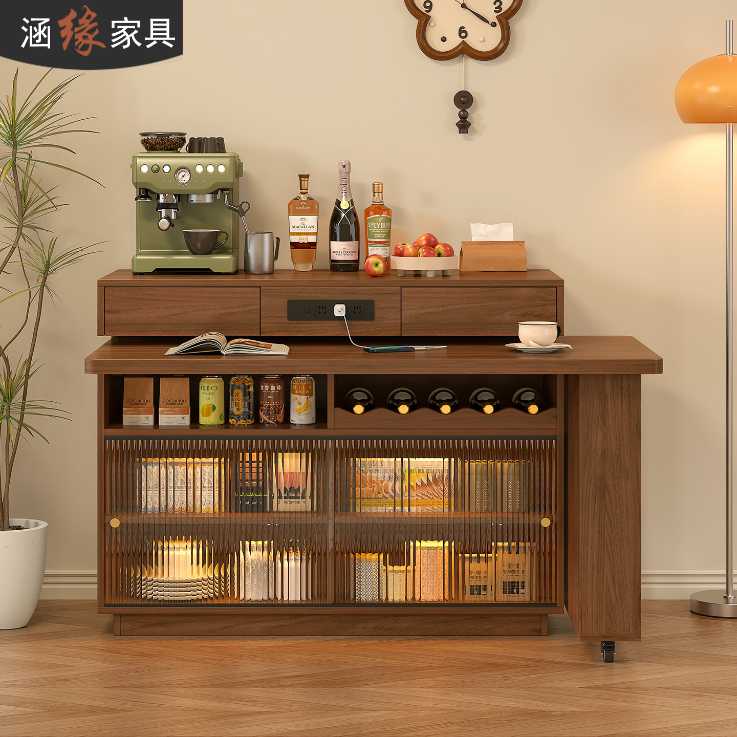 中古风旋转岛台餐桌一体厨房吧台桌可伸缩家用餐边柜餐桌一体E83,淘宝优惠券,粉丝福利购,淘宝优惠卷