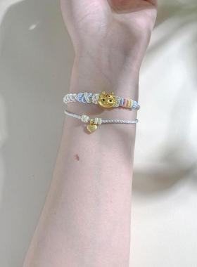 双层桃花手绳小红书同款可穿珠手工编织绳串黄金饰品转运珠手链女