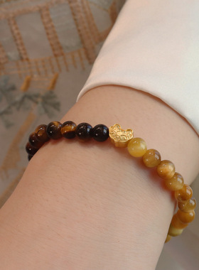 「云福」天然黄虎眼石手链女生招财转运珠如意新中式复古手串礼物