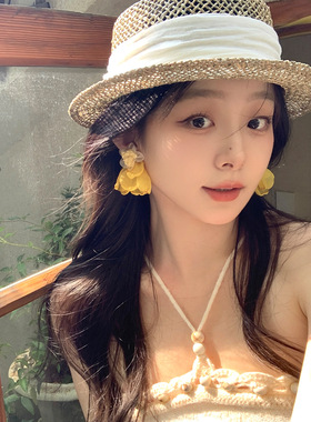 超仙绝美黄色花瓣流苏耳环女夏日海边度假风耳钉显脸小气质耳饰