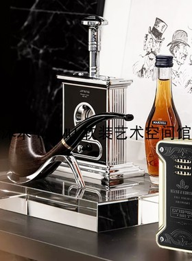 样板房别墅公寓书柜飘窗复古调雪茄烟斗主题软装饰品托盘组合摆件