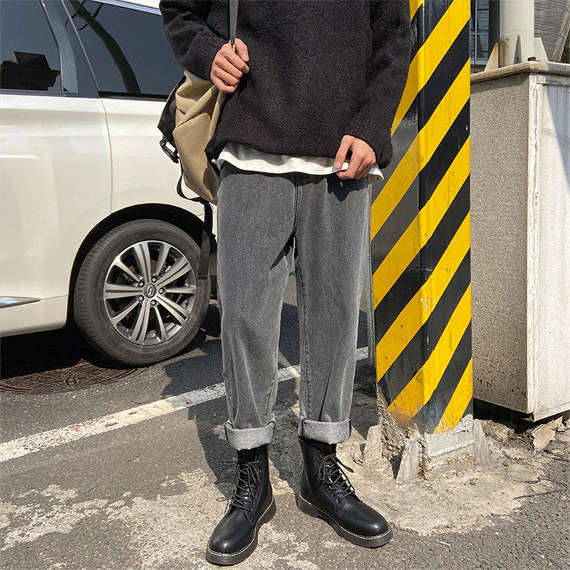 搭配靴子复古做旧直筒男潮牌牛仔裤 枭鹿牛仔裤