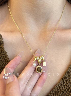 秋冬复古虎眼石金色吊坠项链