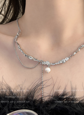 日韩复古珍珠项链银色流苏设计感