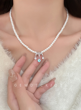韩系精致镶钻蓝色锆石珍珠项链
