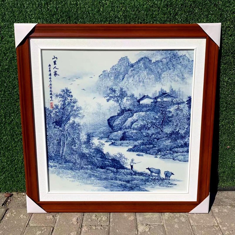 景德镇瓷板画手绘青花山水名家方形中式墙壁画客厅玄关装饰画挂画 - 图1