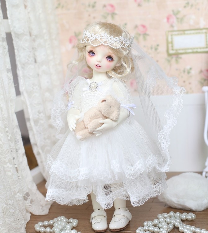 【包邮】BJD.YOSD6分娃衣服婚纱连衣裙洋装白色蕾丝头纱画境.gem-图1