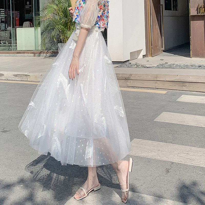 夏季羽毛刺绣重工网纱中长款半身裙 慈蒂半身裙