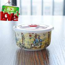 Cute Cartoon Box box Tao 9 Porcelain With Lid Refreshing Bowl C Large Horn Porcelain Microwave Oven Lunch Box Big Bowl Student Bubble Noodles