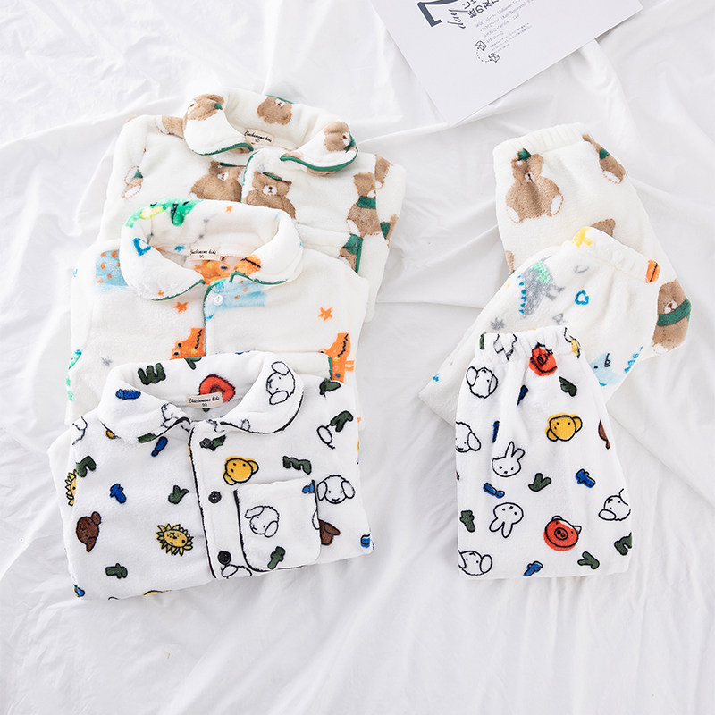 秋冬季法兰绒宝宝家居服套装睡衣 趣趣么么家居服套装
