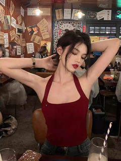 Hong kong style retro red strappy halterneck small camisole women's summer outer wear inner bottoming large backless knitted top