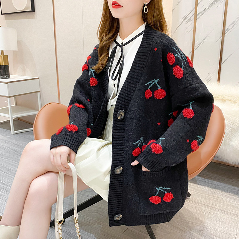 网红韩版小清新樱桃提花开衫风毛衣 欧姿色毛针织衫