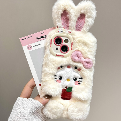宏界 可爱立体蝴蝶结长耳KT猫适用苹果16promax手机壳iphone15新款13pro毛绒15pro硅胶12女款14pro防摔保护套 - 图0
