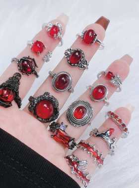 暗黑风个性潮酷红色宝 石开口戒指女冷淡风气质精致时尚百搭指环