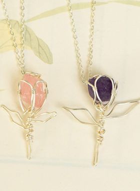 跨境天然水晶原石银丝吊坠手工