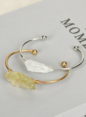 欧美外贸饰品配饰 ins风轻奢金银色手镯绿萤石粉水晶手工编织手环