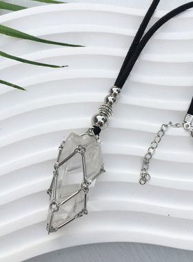 波西米亚风复古皮绳经典圆棒竹节欧美流行可调节金属网兜项链