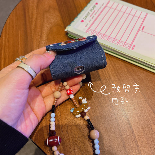 适用于华为freeclip2耳机保护套牛仔刺绣腊肠狗防摔freebudspro5收纳包连体复古苹果airpodspro个性oppofree4 - 图2