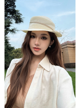 PickRui睿哥 气质淑女夏季防晒法式蝴蝶结平顶草帽女气质礼帽度假