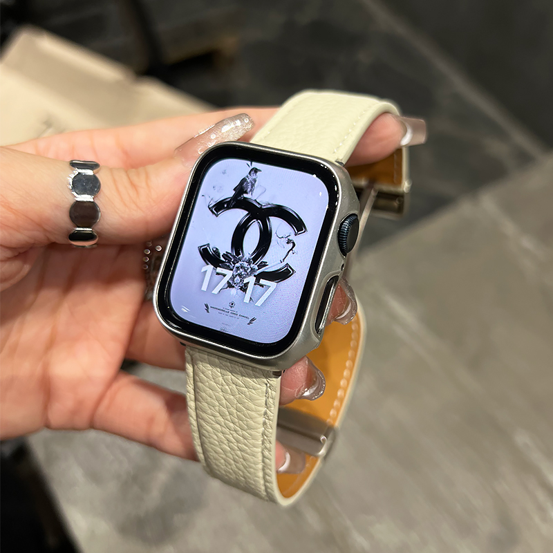 iwatch真皮手表带星光色荔枝纹磁吸扣适用于苹果applewatchS876se-图0