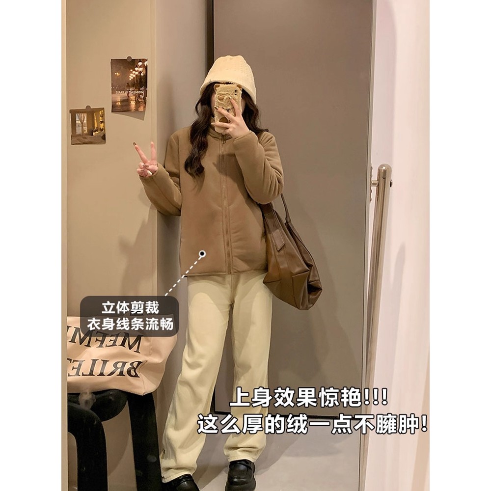 棕色摇粒绒卫衣外套女款2025新款秋冬季美式重磅拉链加绒加厚内搭 - 图3