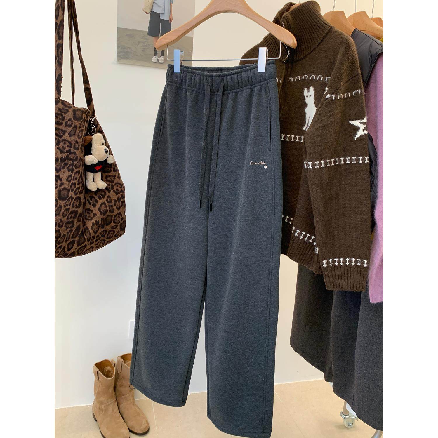 韩系刺绣拖地裤松紧腰高腰显瘦直筒运动裤女秋冬加绒加厚保暖卫裤,淘宝优惠券,粉丝福利购,淘宝优惠卷