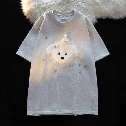 纯棉毛绒刺绣2025夏季新款chic减龄百搭宽松短袖T恤女半袖上衣tee - 图3