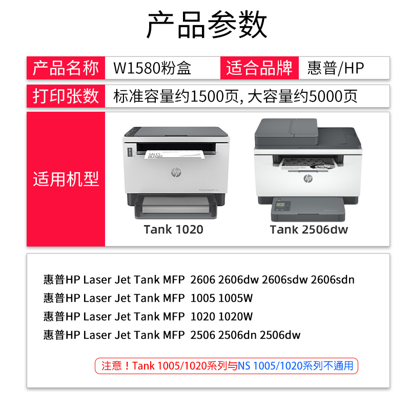 适用惠普158X粉盒Tank MFP 2606dn sdw 1005W 2506DW 1020w智能闪充墨粉 HP158A碳粉W1580A墨盒SDN打印机硒鼓 - 图3