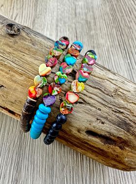 绿松石火山石椰壳七彩爱心手链饰品欧美彩色手串