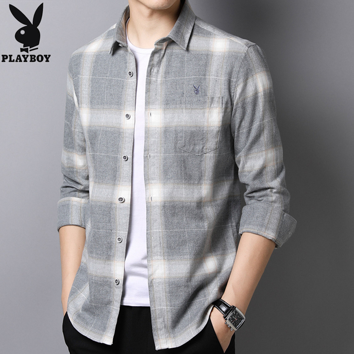 花花公子纯棉男士春秋季中青年衬衫 playboy悠行客衬衫