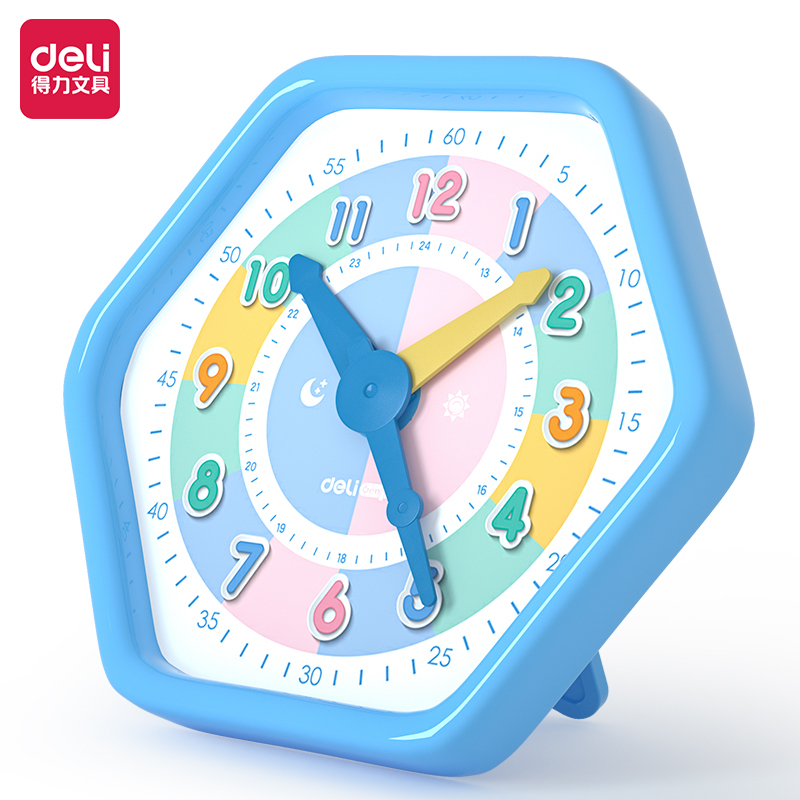 得力钟表模型教具一二年级小学生儿童认知钟点时钟学习器三针联动 - 图0