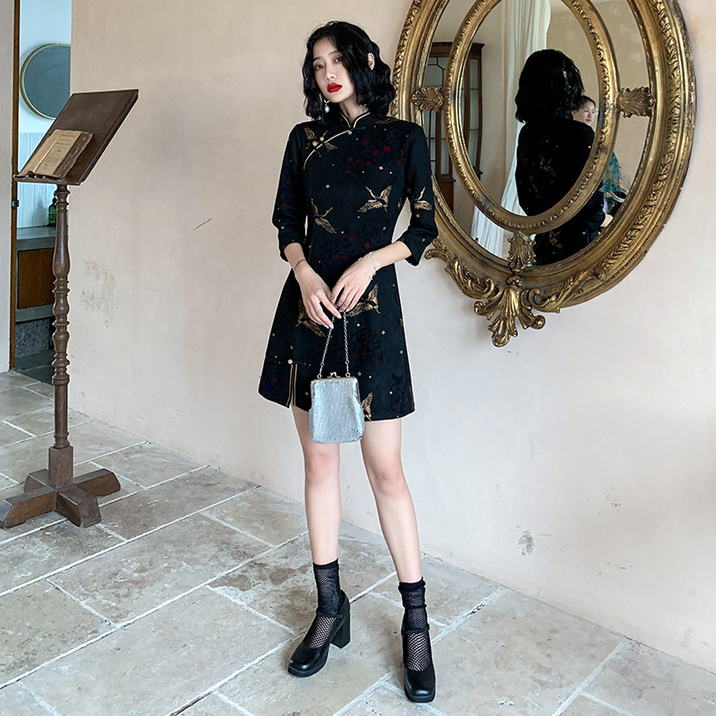 国潮年轻款2021年新款秋冬长袖旗袍 森莞旗袍