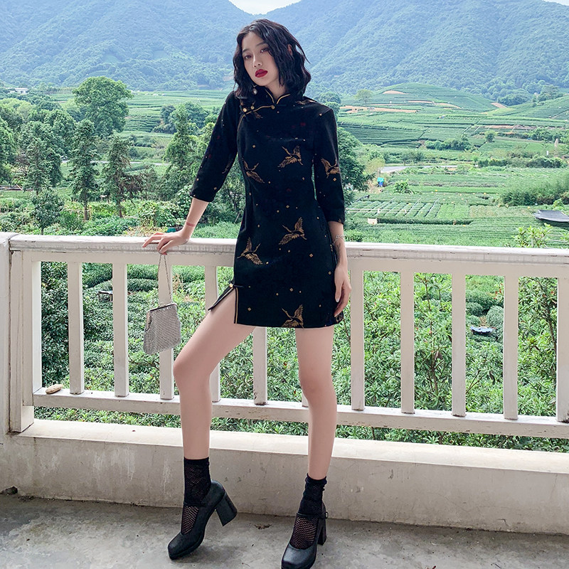 国潮年轻款2021年新款秋冬长袖旗袍 森莞旗袍