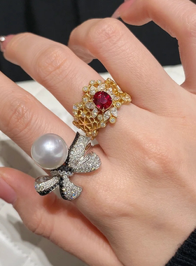 D色莫桑石天然淡水珍珠蝴蝶结戒