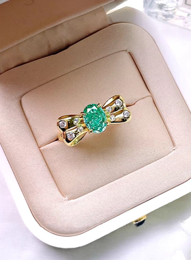 莫桑石黄金蝴蝶结碧玺钻戒指