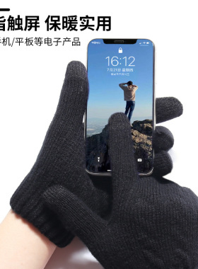 新款双层加厚加绒冬季触屏手套防寒保暖毛绒男士针织手套