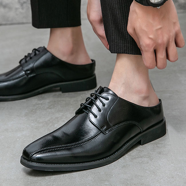 无后跟皮鞋男2025男士靓仔皮鞋半拖皮鞋男鞋尖头一脚蹬皮鞋男黑色 - 图1