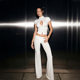 Buttoned short-sleeved top and bootcut trousers two-piece set