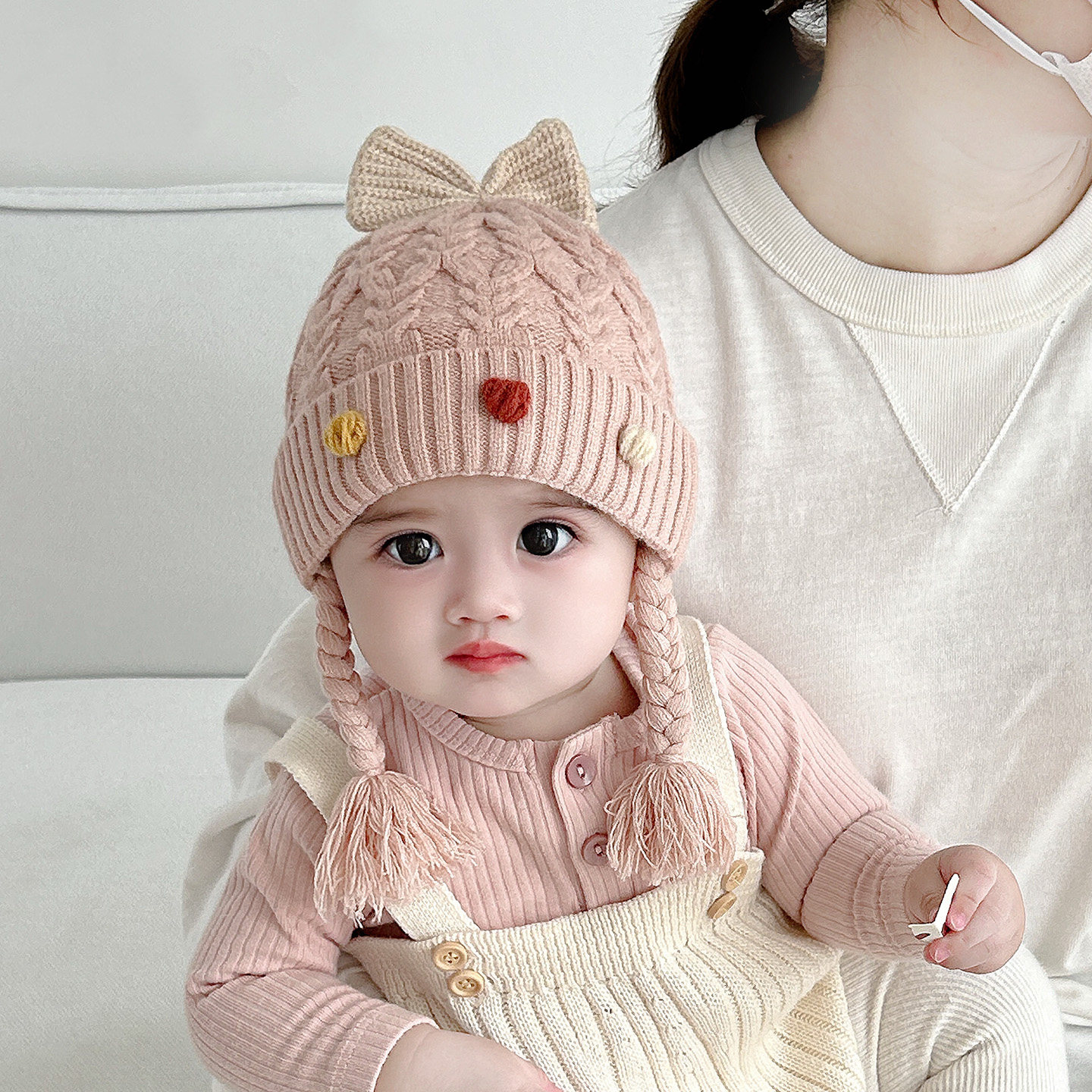 婴儿帽子秋冬季婴幼儿女童辫子针织帽冬天小月龄女宝宝保暖毛线帽,淘宝优惠券,粉丝福利购,淘宝优惠卷