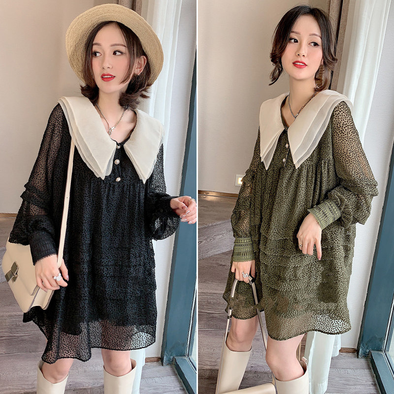 娃娃领长袖胖mm遮肚气质女连衣裙 afka连衣裙