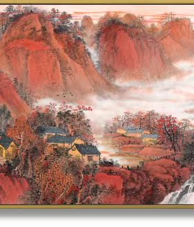 红色江山万年长晶国画客厅背景墙