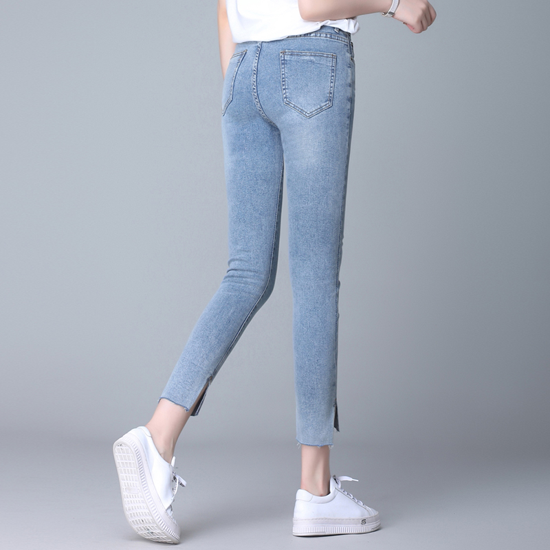 棱楼旗舰店新款修身显瘦弹力小脚裤大码开叉百搭八分牛仔裤 潮1