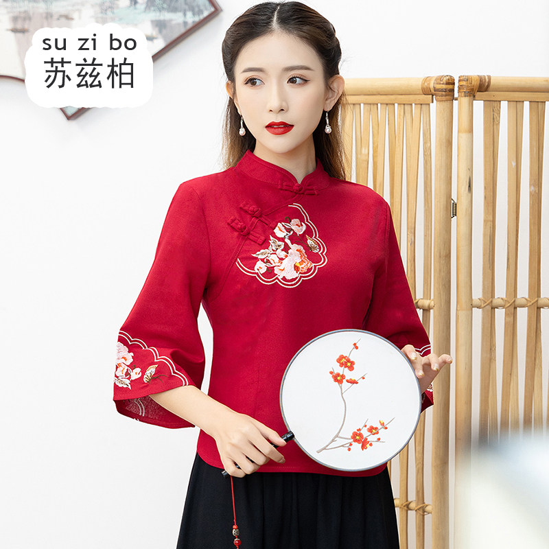 春夏红色唐装民国改良年轻旗袍汉服 苏兹柏上衣