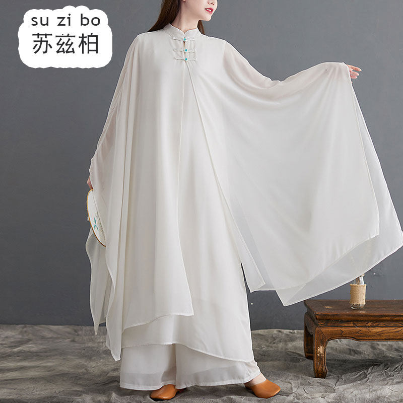 白色禅舞服古琴古筝中国风演出服 苏兹柏连衣裙