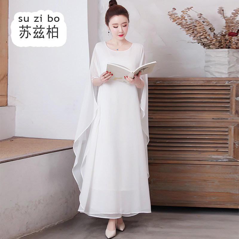 白色禅舞服古琴古筝中国风演出服 苏兹柏连衣裙