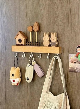 钥匙收纳玄关摆件壁挂式免打孔收纳架榉木挂钩中古风门口墙上装饰