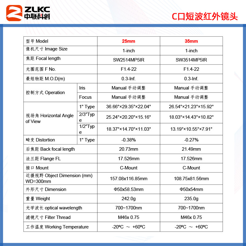 SWIR近红外镜头C口25mm 35mm 50mm短波红外镜头500万1英寸2/3英寸,淘宝优惠券,粉丝福利购,淘宝优惠卷